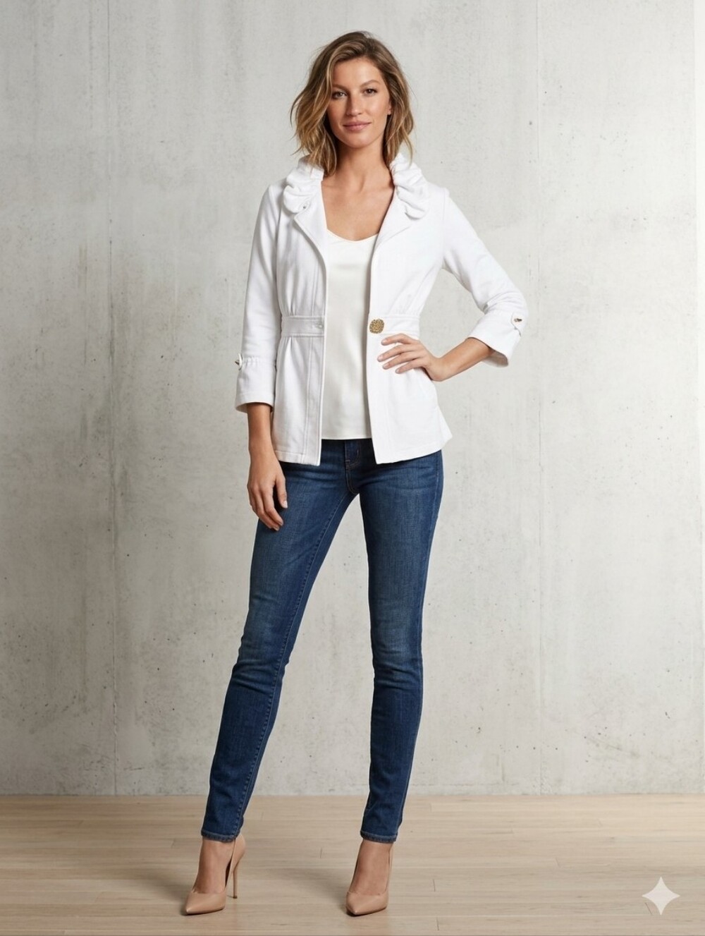 Charlotte Tarantola White Ruffled Collar Buckle-Waist Jacket